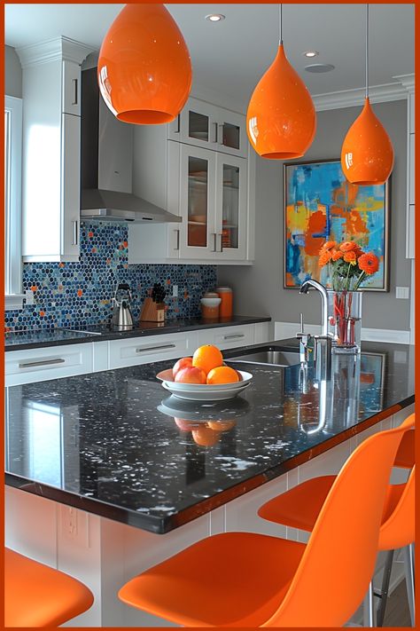 Stunning Granite Countertop Ideas Orange And Black Kitchen, Black Granite Countertops Kitchen Decor, Countertop Kitchen Ideas, Granite Countertop Ideas, Black Granite Countertops Kitchen, Kitchen Makeover Ideas, Recycled Glass Countertops, Open Floor Plan Kitchen, Countertop Ideas