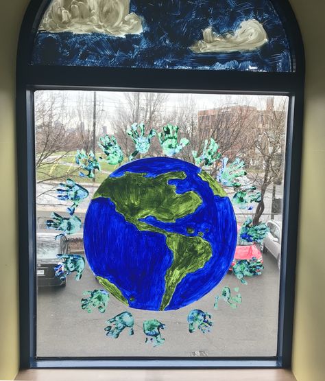 Earth day - we’ve got the whole world in our hands   Window painting with children’s hands print! Daycare Window Painting, Plaster Paint, Flower Mural, Daycare Ideas, Daycare Crafts, Window Art, Window Painting, Earth Day, Story Time