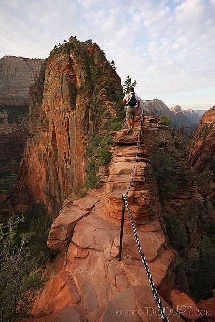 Angels Landing in Zion National Park, Utah.  Ha!  I climbed this monster on May 26th, 2013.  It. Was. Hell.  It almost killed us but we made it all 1,488 feet to the top by using these chains...what an amazing feeling of accomplishment!    ~KK Hiking Places, Zion National Park Utah, Angels Landing, North Cascades, To Infinity And Beyond, Zion National Park, Pretty Places, On The Edge, Vacation Spots