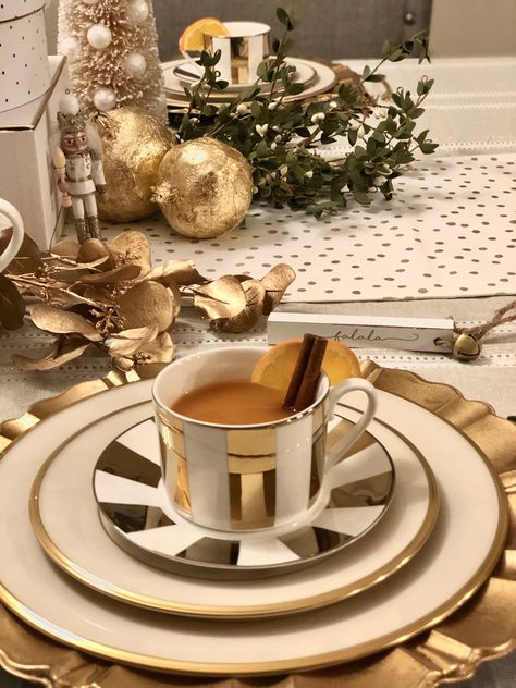 Gold tea set. Spice tea. #teasets #gold #tablescape #tabledecorations #teapartydecorations #teapartyideas #tabledecor Gold Tablescape, Gold Tea, Tea Party Decorations, Spice Tea, Herbal Tea, Tea Room, Tea Set, Tablescapes, Tea Party