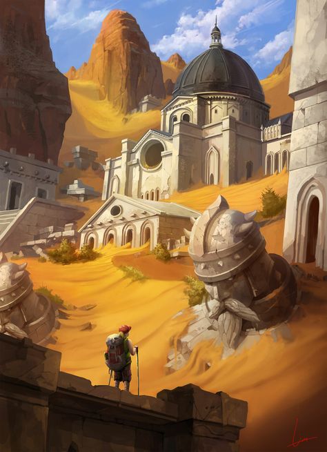 Desert ruins, Yonghyun Lim on ArtStation at https://www.artstation.com/artwork/Ka5Jqo Desert Ruins, Fallen Empire, Dnd Backgrounds, Desert Background, Desert Environment, Desert Vibes, Desert Art, Fantasy Setting, Fantasy Art Landscapes