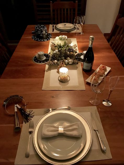 Table for two New Year's Eve dinner table set Dinner Setting Ideas For Two, Table Set For Two, Christmas Table For Two, Dinner Setting For Two, Dinner For Two Table Setting, Dinner Table For Two, Dinner Table Set, New Year's Eve Dinner, Christmas Table Decorations Centerpiece