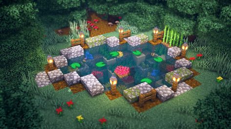 Minecraft Fishing Pond Ideas, Minecraft Pool Design, Pond Minecraft Aesthetic, Pond Design Minecraft, Mushroom Pond Minecraft, Ponds Minecraft, Fish Pond Minecraft, Minecraft Fishing Pond, Koi Pond Minecraft