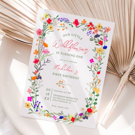 Modern Chic Boho Bright Wild Flowers 1St Birthday Invitation #zazzle #weddinginvitations #birthdayinvitations #babyshowerinvitations #zazzleinvitations #monogram #businesscards #graduation #homedecor Wild Flower Invitations, Wildflower Theme Birthday Party, Wild One Flower First Birthday, Floral Theme Birthday Party, Colorful 1st Birthday, Elegant Birthday Invitations, Wildflower Birthday, Charlotte Baby, Wedding Announcement Cards