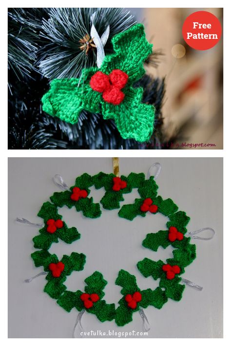 Christmas Holly Leaves Free Knitting Pattern Knitted Holly Leaves, Holly Knitting Pattern, Knitted Holly Leaves Free Pattern, Crochet Holly Leaf Free Pattern, Knitted Christmas Ornaments Free Pattern, Knitted Poppy Free Pattern, Holly Crochet, Knitted Leaves, Leaf Knitting Pattern