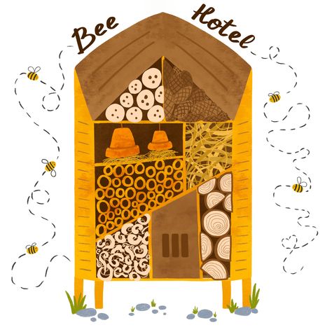 Bee hotel watercolor illustration with wood house with compartments, natural components and honey bees. Cute house for insect isolated element. Save the bees concept. Hand drawn garden poster, card. Bee Hive Illustration, Bees Cute, Honey Illustration, Watercolor Procreate, Insect Clipart, Designer Drawing, Garden Poster, Bee Hotel, Bug Hotel