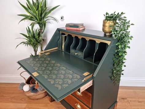 Vintage Oak Writing Bureau Desk Deep Green and Gold Custom Order - Etsy Writing Desks Vintage, Green Writing Desk, Vintage Bureau Makeover, Bureau Upcycle Ideas, Bureau Desk Upcycle, Rolltop Desk Makeover, Writing Desk Makeover, Bureau Upcycle, Desk Upcycle