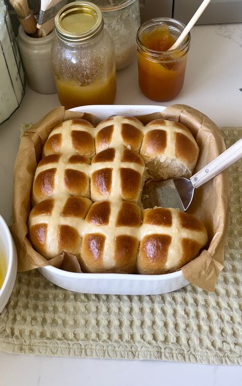 Hot Cross Buns Honey And Warm Water, Hot Cross Buns Recipe, Scratch Cooking, Buns Recipe, Bun In The Oven, Peach Jam, Sugar Glaze, Hot Cross Buns, Cross Buns