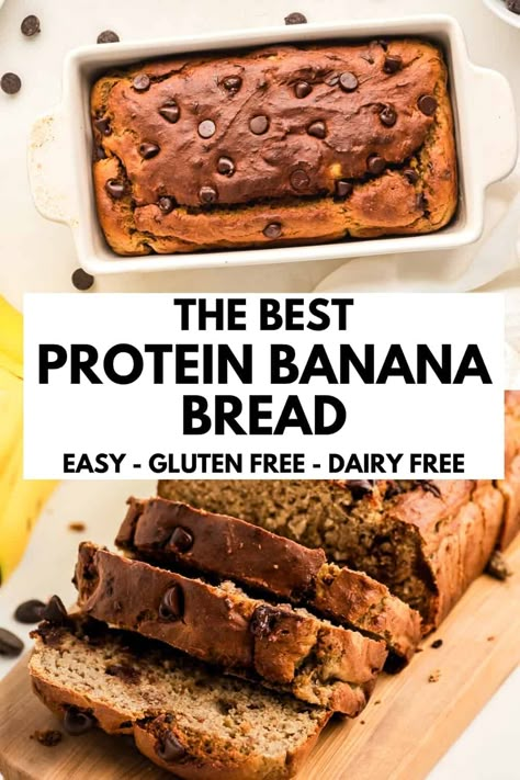 Protein banana bread is moist, fluffy and tastes just like real banana bread. A healthy breakfast or snack, this recipe comes together in one bowl and is a great use for overripe bananas. High protein banana bread is gluten free and dairy free and has 11 grams of protein per slice. Protein Banana Bread, Vegan Banana Bread Recipe, Flours Banana Bread, Pea Protein Powder, Protein Baking, Gluten Free Protein, Protein Bread, Gluten Free Banana Bread, Vegan Banana Bread