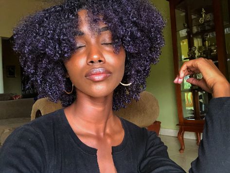 Purple Tapered Natural Hair, Dark Purple Natural Hair Black Women, Purple 4c Natural Hair, Curly Purple Hair Black Women, Deep Purple Hair On Black Women, Black Into Purple Hair, Dark Purple Curly Hair Black Women, Purple Highlights Natural Hair, 4c Hair Color Ideas Dark Skin