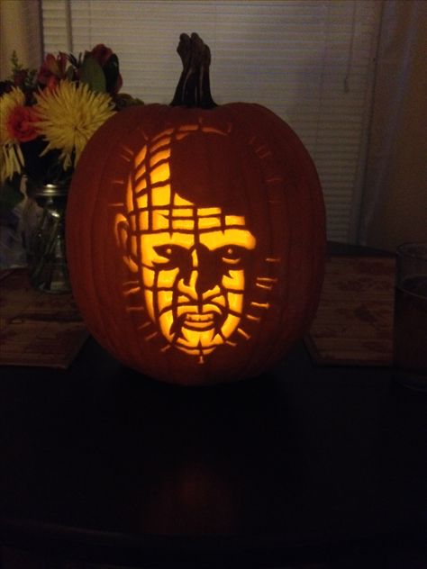 Not an original Hellraiser pattern, but one of the most challenging carves I've done. Hellraiser Pumpkin, Pinhead Pumpkin, Halloween Pumpkin Carving Stencils, Carving Stencils, Pumpkin Carvings Stencils, Pumpkin Stencil, Halloween Pumpkins Carvings, Pumpkin Ideas, Halloween Stuff