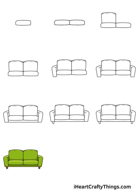 Couch Sketch Design, Couch Line Drawing, How To Draw Sofa Step By Step, How To Draw A Couch Step By Step, How To Draw A Living Room, Sofa Drawing Easy, Drawing Of A Couch, Couch Drawing Easy, Couches Drawing