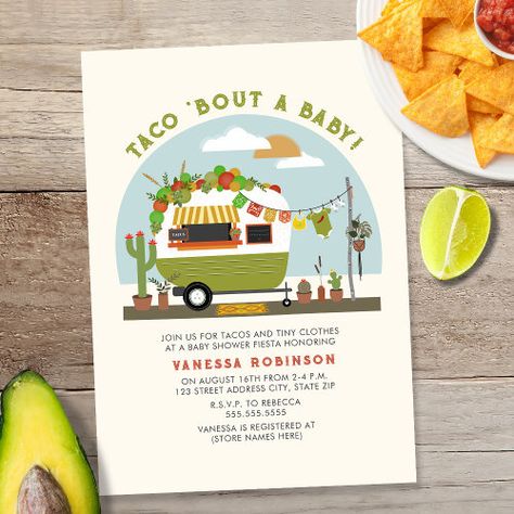 Taco Bout A Baby Taco Truck Camper Baby Shower Invitation #zazzle #weddinginvitations #birthdayinvitations #babyshowerinvitations #zazzleinvitations #monogram #businesscards #graduation #homedecor Taco Bout A Baby, Taco Truck, Clothes Hanging, Boho Baby Shower Invitations, Baby Shower Napkins, Green Baby Shower, Tiny Clothes, Vintage Campers Trailers, Camper Trailer