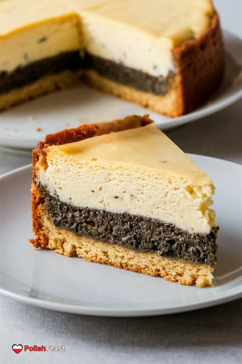 Seromakowiec, or Polish Poppy Seed Cheesecake, is a traditional dessert with a creamy cheesecake, poppy seed filling, and a buttery crust. Polish Easter Recipes, Polish Cheesecake, Polish Food Traditional, Scandinavian Baking, Polish Baking, Eggnog Dessert, Poppy Seed Filling, Polish Dishes, Chocolate Desserts Cake