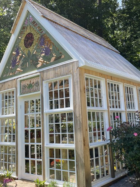 She Shed Greenhouse, Old Window Greenhouse, Greenhouse And Garden, Window Greenhouse, Diy Greenhouse Plans, Daylily Garden, Hobby Greenhouse, Outdoor Greenhouse, Greenhouse Shed