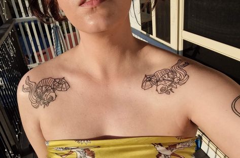 Fish Collarbone Tattoo, Fish Chest Tattoo, Collarbone Tattoo, Bone Tattoo, Collar Bone Tattoo, Collar Bone, Chest Tattoo, Tattoo Art, Fish Tattoos