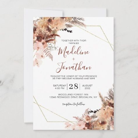 $ 2.92 | Autumn Boho Terracotta Floral Geometry Wedding - rustic terracotta floral watercolor, autumn bohemian wedding, elegant pampas wedding invitation, fall backyard wedding invite, botanical peach orange pampas, watercolor flowers, dried florals, earth tones rustic bloom, gold frame geometry, elegant script calligraphy Christian Wedding Invitation Wording, Wedding Invitation Card Wording, Christian Wedding Invitation, Wedding Invitation Wording Examples, Christian Wedding Cards, Christian Wedding Invitations, Wedding Invitation Floral, Addressing Wedding Invitations, Wedding Invitation Size