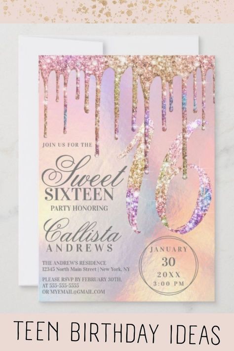 Rainbow Holographic Glitter Drips Sweet 16 Invitation Foil Background, Holographic Iridescent, Iridescent Foil, Rainbow Holographic, Sweet Sixteen Parties, Modern Serif, Birthday Party For Teens, Cursive Script, Sweet Sixteen Birthday