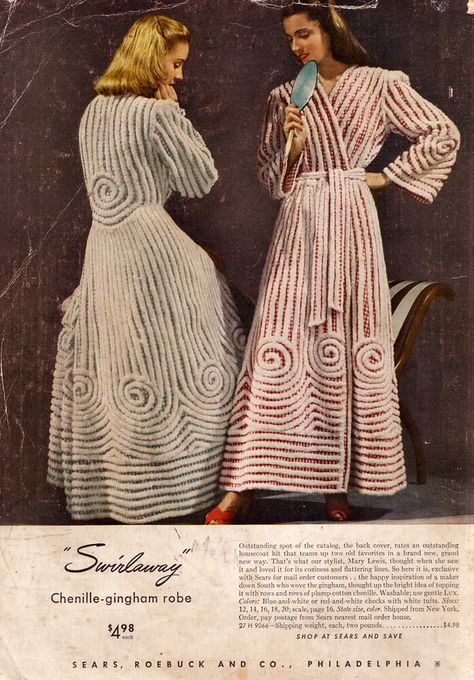 The chenille robe was a staple garment for women in the 1940s, but its history extends many years before and after this decade. Great Meals, Bathrobe Men, Fashion Silhouette, Chenille Bedspread, 20th Century Fashion, 1940s Fashion, Don't Judge, Vintage Lingerie, Fashion Line