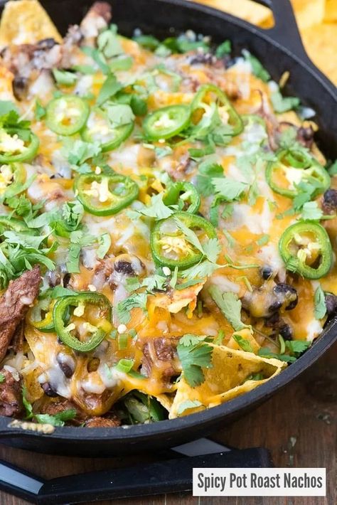 Spicy Pot Roast Nachos {great for leftovers recipe} Spicy Pot Roast, Pot Roast Nachos, Leftover Pork Roast Recipes, Leftover Roast Beef Recipes, Leftover Roast Chicken, Leftover Pot Roast, Leftover Roast Beef, Blackstone Grill, Roast Chicken Leftovers