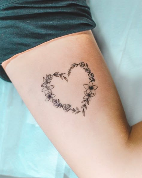 Floral Heart Tattoo Design, Simple Thigh Tattoos Women, 96 Tattoo, Floral Heart Tattoo, Heart Tattoos For Women, Flower Heart Tattoo, Small Flower Tattoos For Women, Heart Flower Tattoo, Fingerprint Tattoos