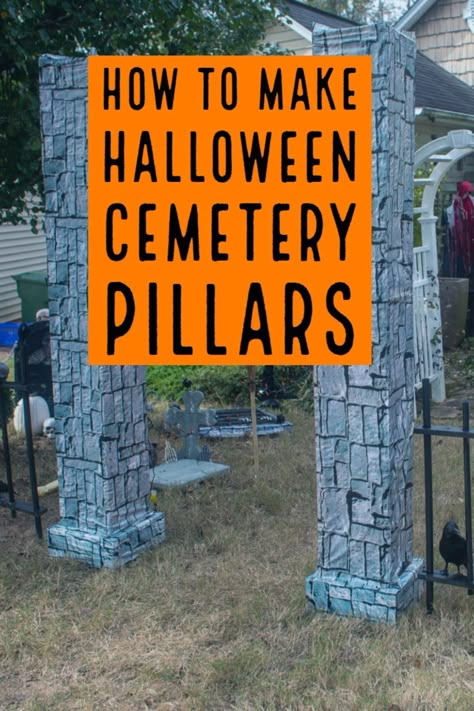 These DIY Halloween cemetery pillars make an awesome Halloween graveyard entrance. Add a Halloween cemetery fence and some spooky Halloween decorations and you'll have the best yard haunt in the neighborhood! #entertainingdiva  #diyhalloween #halloween  #halloweenoutdoordecorations Cemetery Pillars, Diy Halloween Cemetery, Graveyard Entrance, Diy Cemetery, Cemetery Fence, Halloween Cemetery, Apartment Halloween, Scary Halloween Decorations Outdoor, Scary Halloween Decorations Diy