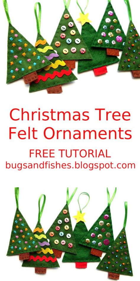 Sew some colourful felt Christmas tree ornaments with this beginner-friendly free DIY sewing tutorial Sewing Christmas Tree, Tree Felt Ornaments, Felt Christmas Tree Ornaments, Sewn Christmas Ornaments, Felt Christmas Tree Decorations, Sewing Christmas, Christmas Sewing Projects, Felt Crafts Christmas, Diy Christmas Tree Ornaments