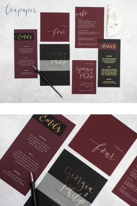 The Georgia Stationery Collection combines black and burgundy card with gold foil modern calligraphy. All designs can be customised by LouPaper to suit your wedding colour palette and style. Burgandy And Gold Wedding, Black And Burgundy Invitations, Wedding Invite Burgundy, Black Red And Gold Wedding Invitations, Black Gold Burgundy Wedding Invitations, Navy Burgundy Gold Wedding Invitations, Calligraphy Wedding Stationery, Industrial Wedding Inspiration, Gold Foil Wedding Invitations