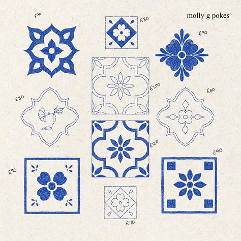 More tiles 🫶🏻 Link in bio to book for June/July! All flash is repeatable! Half days £250 (4-6 tattoos) Full days £350 (6-10 tattoos) #handpoke #ukhandpoke #handpokeartist #handpokeflash #tattooflash #flashsheet Ceramic Tattoo Design, Blue Tile Tattoo, Tile Tattoo Design, Tile Pattern Tattoo, Tile Tattoo Ideas, Tile Branding, July Tattoo Ideas, Tiles Drawing, Handpoke Tattoo Ideas