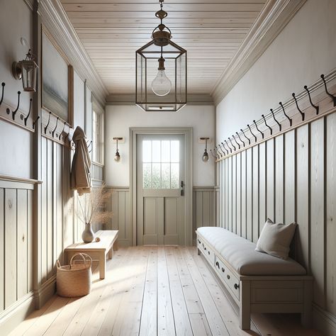 A simple, contemporary wooden bench rests against a wall featuring lightly distressed white wood paneling. On the opposite wall, there's a series of hooks for hanging coats and hats. Right in the middle, an antique-style lantern chandelier hangs from the high ceiling offering a warm, inviting glow. The far end of the hallway opens to a large window, that lets in plenty of natural light. Perfect to serve as inspiration for a home remodel. Luxurious Mudroom, Entryway Storage Ideas, Mudroom Design, Entryway Storage, Smart Storage, Elegant Interiors, Neutral Palette, Storage Ideas, Home Organization