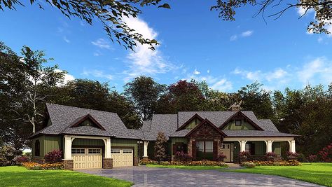 House Plan 62209 with 4 Beds, 5 Baths, 2 Car Garage Elevation House Plan Two Master Suites, Dual Master Suite House Plans, Texas Style Homes, Master Suite Floor Plan, Two Master Suites, Large Fireplace, Wooden Columns, Rustic House Plans, House Plans One Story