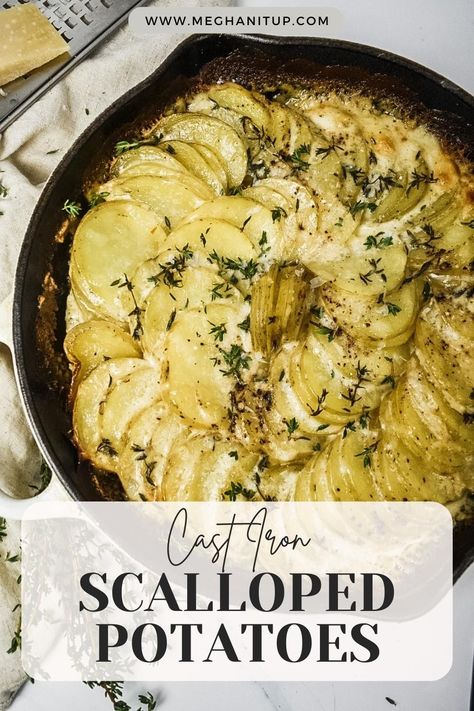 Cast Iron Potatoes Recipes, Scalloped Potatoes Cast Iron Skillet, Cast Iron Scalloped Potatoes, Stove Top Scalloped Potatoes, Cast Iron Dinner Recipes, Cast Iron Potatoes, Skillet Scalloped Potatoes, Butter Mashed Potatoes, Scalloped Potato