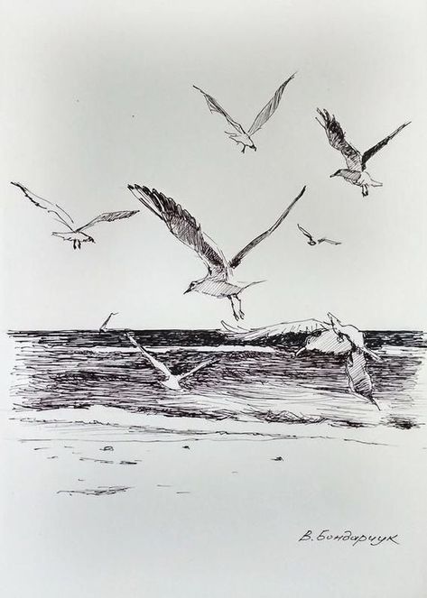 Seagull Drawing, Drawing Minimalist Art, Wall Landscape, Soulmate Drawing, Sea Drawing, Drawing Minimalist, Art Drawing Sketch, Theme Tattoo, Commission Painting