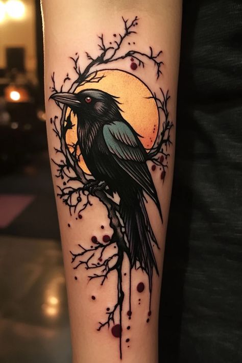 Rabentattoo 16 Raven Witch Tattoo, Raven With Moon Tattoo, Raven Tattoo Color, American Traditional Raven Tattoo, Raven Tattoo Forearm, Three Eyed Raven Tattoo, Raven Moon Tattoo, Raven Traditional Tattoo, Raven Tattoo Ideas Women