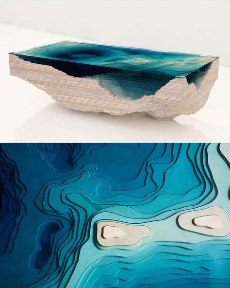 Made from wood and glass layers, this table design by Duffy London brings the majesty of the big blue ocean into the interior, servicing you with somewhere quite impressive to place your cup of tea Ocean Inspired Furniture, Patterned Furniture, The Big Blue, Biophilic Design, Tiny Studio, Water Patterns, Parametric Design, Instagram Wallpaper, Sea Waves