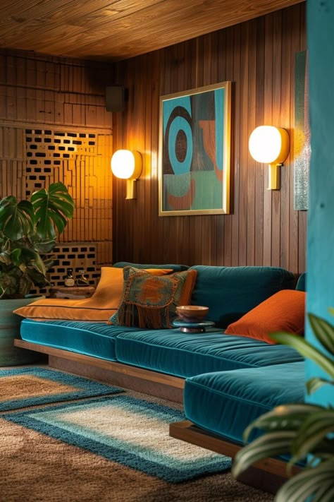 70+ Modern Takes on Classic '70s Living Room Aesthetics - Days Inspired 70s Style Studio Apartment, Turquoise Mid Century Living Room, 70s Masculine Interior, Mid Century Modern Living Room Sofa, 70s Mid Century Modern Living Room, 60s Interior Design 1960s Living Rooms, 70s Lounge Aesthetic, 70s Wood Paneling Living Room, 1970s Home Interior