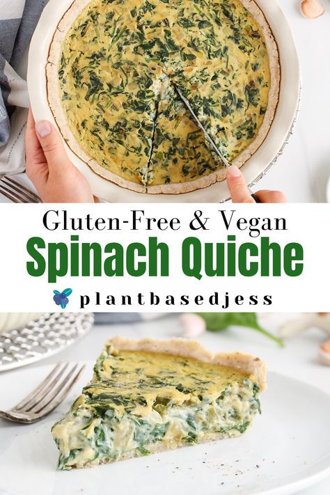 Vegan Spinach Quiche (Gluten-Free) - Plant Based Jess Tofu Quiche, Firm Tofu Recipes, Spinach Tofu, Spinach Filling, Gluten Free Quiche, Spinach Quiche Recipes, Vegan Quiche, Brunch Celebration, Vegan Spinach