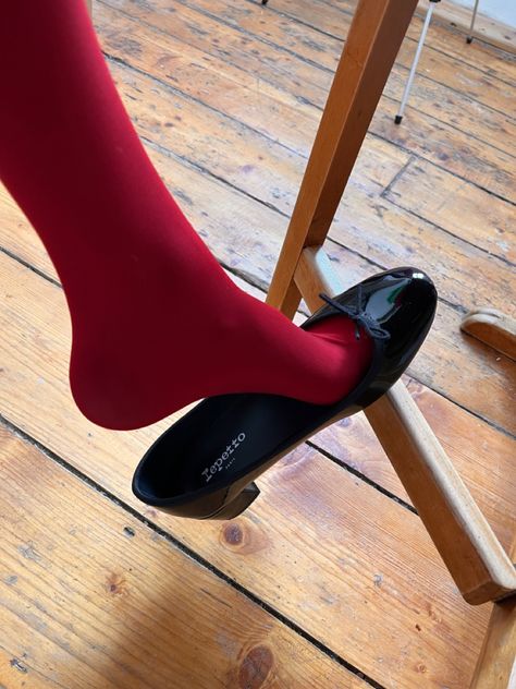 Red tights, repetto shoes, ballet flats Repetto Ballet Flats, Repetto Shoes, Ballet Flats Outfit, Nylon Tights, Shoes Ballet Flats, Red Tights, Flats Outfit, Fashion Tights, Ballerina Flats