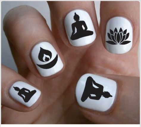 Buddha nails Symbol Nail Art, Indian Nail Art, Indian Nails, Cheap Nail Art, Lotus Candle, Nail Time, Nail Art Decals, White Nail Art, Seasonal Nails