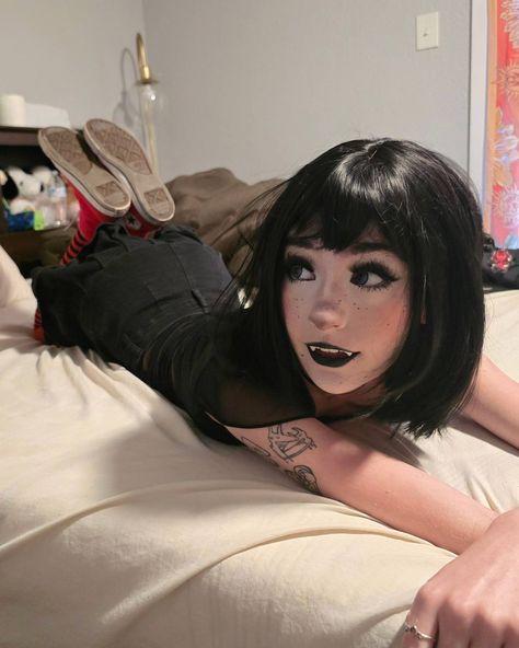 Mavey wavey ! Last time I did black contacts but this time I did blue to be accurate 🦇 . ♥️ . #maviscosplay #Mavis #hoteltransylvania #Halloween #Halloweencostume #vampire #vampirecostume #cosplayer #cosplaymodel #gothgirl #cosplaygirl #thighhighs #cosplay #egirl #emostyle #fyp #mavishoteltransylvania #emogirl #cosplayphoto Egirl Halloween Costume Ideas, Mavis Halloween Costume, Mavis Makeup, Mavis Costume, Mavis Cosplay, Stacy's Mom, Black Contacts, Cosplay Ideas Women, Risky Pictures