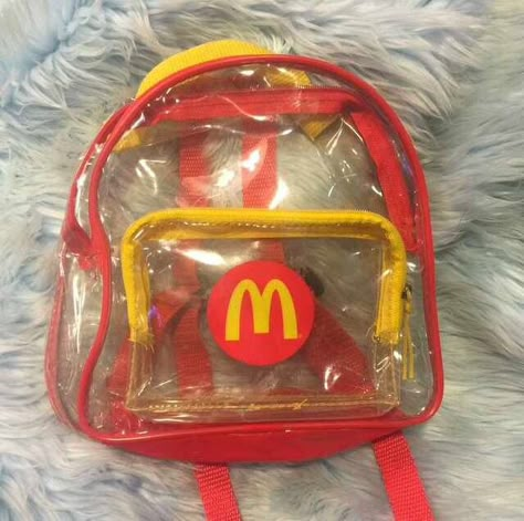 Transparent McDonalds Backpack Weird Backpacks, Cringe Backpacks, Kidcore Backpack, Mcdonalds Backpack, Mcdo Meme, Mcdonald’s Toys 2000s, Silly Clothes, Cute Bags, Colourful Outfits