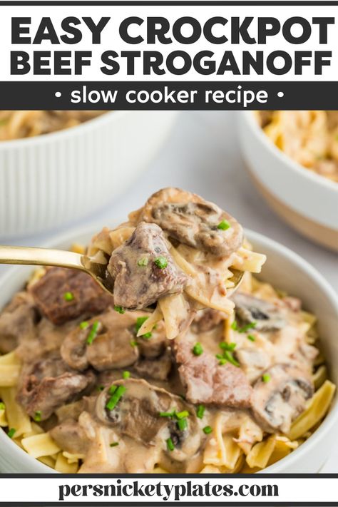 The best slow cooker beef stroganoff is made with tender beef and earthy mushrooms smothered in a creamy, tangy, rich sauce cooked low and slow without the use of any canned soup. Served over egg noodles, this classic dish is exactly what you want to come home to! | www.persnicketyplates.com Stroganoff Crockpot, Crock Pot Stroganoff, Crock Pot Beef Stroganoff, Healthy Beef Stroganoff, Persnickety Plates, Beef Stroganoff Crockpot, Slow Cooker Beef Stroganoff, Canned Soup, Best Slow Cooker