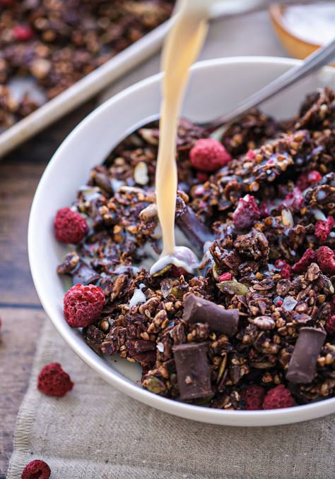 Dried Fruit Granola, Recipes With Granola, Granola Breakfast Ideas, Granola Nut Free, Raspberry Recipes Healthy, Wandering Chickpea, Chocolate Granola Recipe, Raspberry Granola, Raspberry Breakfast