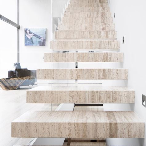 floating staircase made of travertine striato with a continuous band structure. Executed by Förstl Naturstein . . . . . . . #stoneinteriors #travertine #stairs #stonestairs #travertino #architecturephotography #interiordesign #architecture #stonearchitecture #susanbuth #stoneproject Travertine Stairs, Marble Staircase, James Cook, Stone Stairs, Floating Stairs, Floating Staircase, Stone Architecture, Staircase Design, Staircases