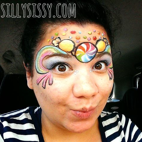 Lollies and Candy Face Painting by Silly Sissy's Leilani Seeto Candyland Face Paint, Candy Face Painting, Candy Face Paint, Circus Event, Fairy Make-up, Professional Face Paint, Girl Face Painting, Spring Carnival, Mask Style