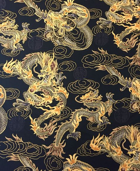 Dragon Japan Black Gold Fire Cloud ... Gold Dragon Wallpaper, Asian Fabrics, Gold Chinese Dragon, Large Dragon, Chinese Prints, Asian Fabric, Chinese Pattern, Dragon Artwork Fantasy, Black Backdrop