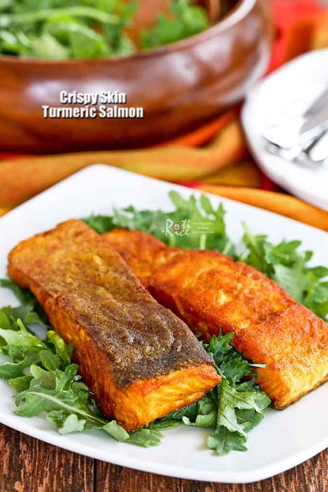 Turmeric Salmon Recipe, Turmeric Fish, Baked Salmon Crispy Rice Cake, Salmon With Turmeric, Spicy Salmon Crispy Rice, Crispy Rice Spicy Salmon, Turmeric Health Benefits, Fresh Turmeric, Fried Fish Recipes