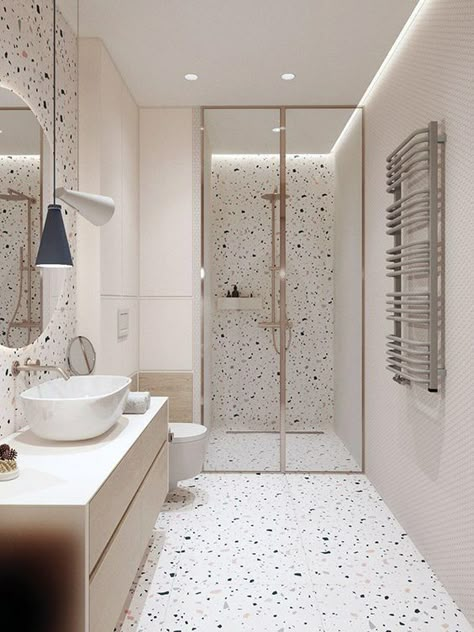 Makeover Kamar Mandi, Terrazzo Bathroom, Washroom Design, Toilet Design, Bathroom Design Decor, Bathroom Design Luxury, House Bathroom, Beautiful Bathrooms, White Bathroom