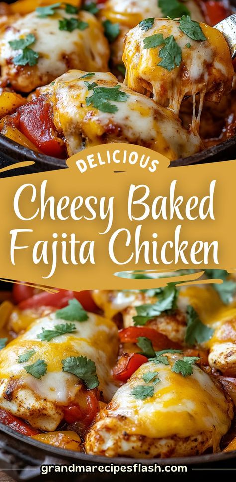 This Cheesy Baked Fajita Chicken is a savory and creamy dish that's perfect for a family dinner! The combination of fajita-seasoned chicken, bell peppers, and a creamy salsa mixture, topped with melted cheese, will have everyone coming back for seconds Cheesy Baked Fajita Chicken Recipe, Baked Chicken Fajita Casserole, Chicken Fajita Dinner Ideas, Fajitas Chicken Bake, Cheesy Fajita Chicken Bake, Cheesy Chicken Fajita Bake, Fajita Baked Chicken, Baked Chicken And Peppers Recipes, Make Ahead Chicken Fajitas