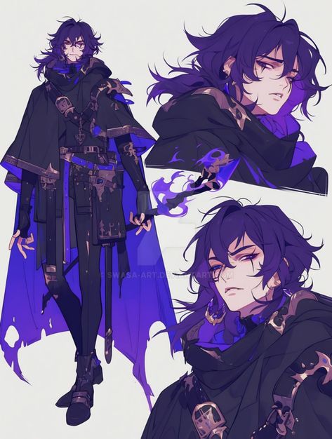 Dark Sorcerer Character Design, Purple Hair Character Design Male, Wizard Dnd Outfit, Prophet Character Design, Halovian Oc, Yealorke Oc, Bounty Hunter Aesthetic Modern, Evil Oc Male, D&d Warlock